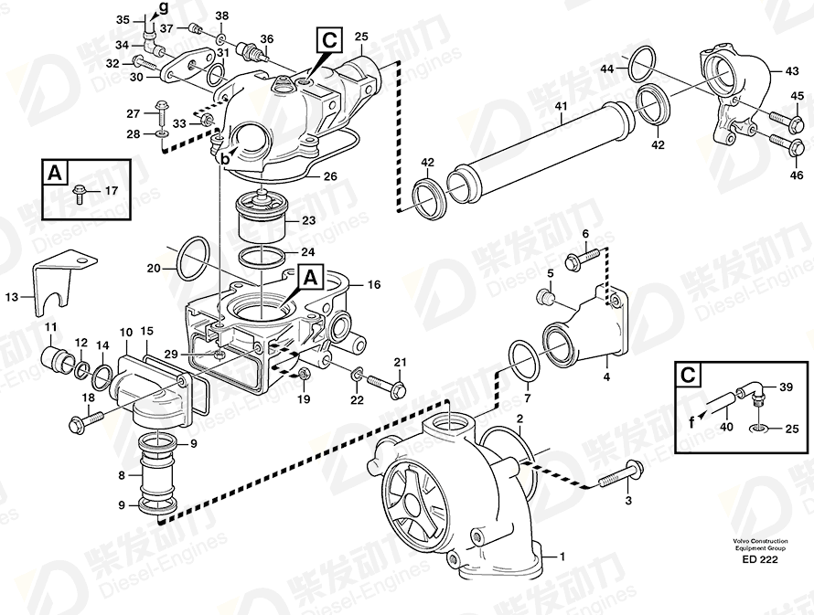 VOLVO Thermostat housing 3979076 Drawing