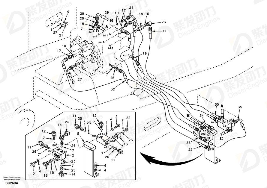 VOLVO Hose assembly SA9451-02316 Drawing VOLVO Hose assembly SA9451-02316 Drawing